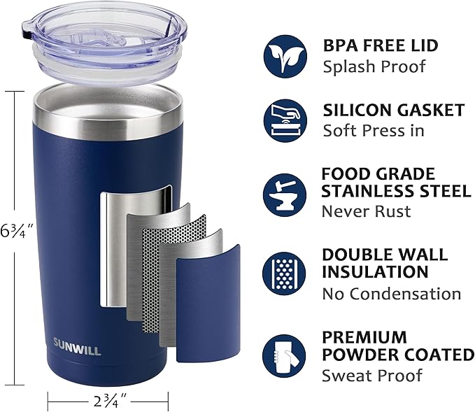 SUNWILL Travel Coffee Mug with Lid, 20 oz Tumbler Set of 2, Insulated Stainless Steel Cup for Water, Tea, Powder Coated Wine & Navy - Image 2