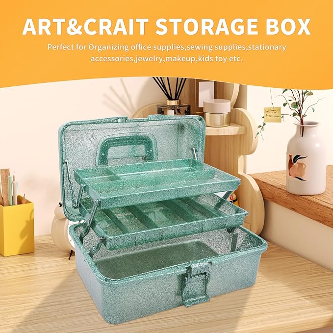 Saim Storage Bins,Three-Layer Multipurpose Art & Craft Storage Container,Carry Tackle Organizer,Medicine Cosmetic Art Supply Box for Art Supply Makeup Hair Accessories Painting Tools - Green