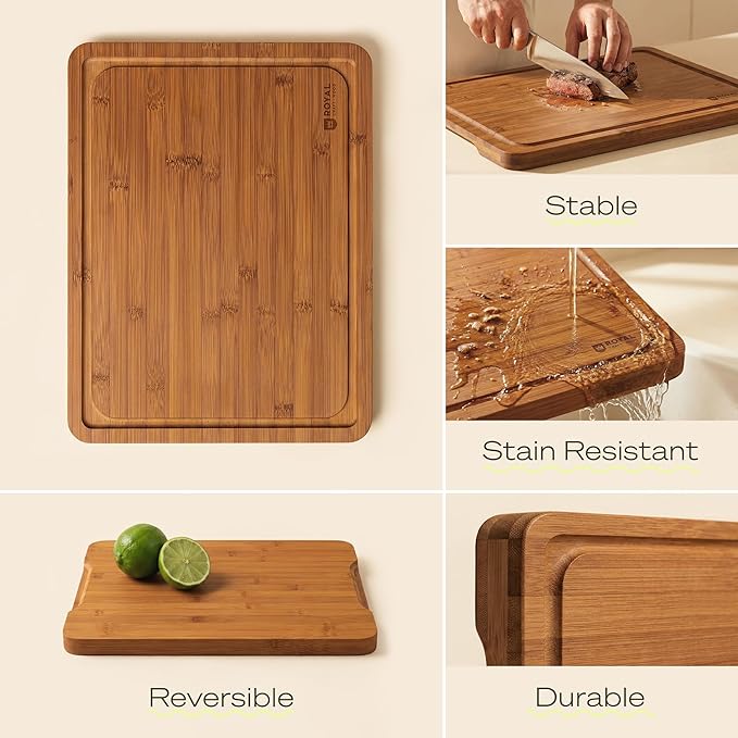 ROYAL CRAFT WOOD Wooden Cutting Boards for Kitchen Meal Prep & Serving - Bamboo Non Toxic Cutting Board Set with Deep Juice Groove Side Handles - Charcuterie & Chopping Butcher Block for Meat (3 Pcs) - Image 4