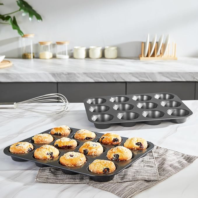Non-Stick Muffin Pans, Cupcake Pan with Silicone Baking Cups, 2 Pack Non toxic Healthy Muffin tin, Heavy duty-Dark Grey - Image 5