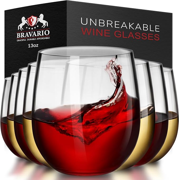 Bravario Unbreakable Stemless Plastic Wine Glasses | Reusable | Shatterproof 100% Tritan Plastic | Dishwasher-Safe | BPA-free | Awesome for Indoor & Outdoor | 13 oz, Set of 8 by Bravario