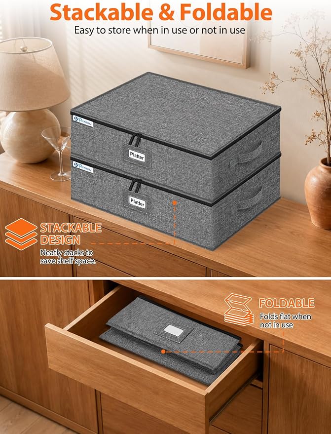 punemi Hard Shell China Platter Storage Containers for Moving, 2 Pack, Grey | Stackable Padded Cases with Felt Dividers, 17 x 13 x 6 in, for Serving Platters, Oval Plates, Trays and Holiday Dishes - Image 6