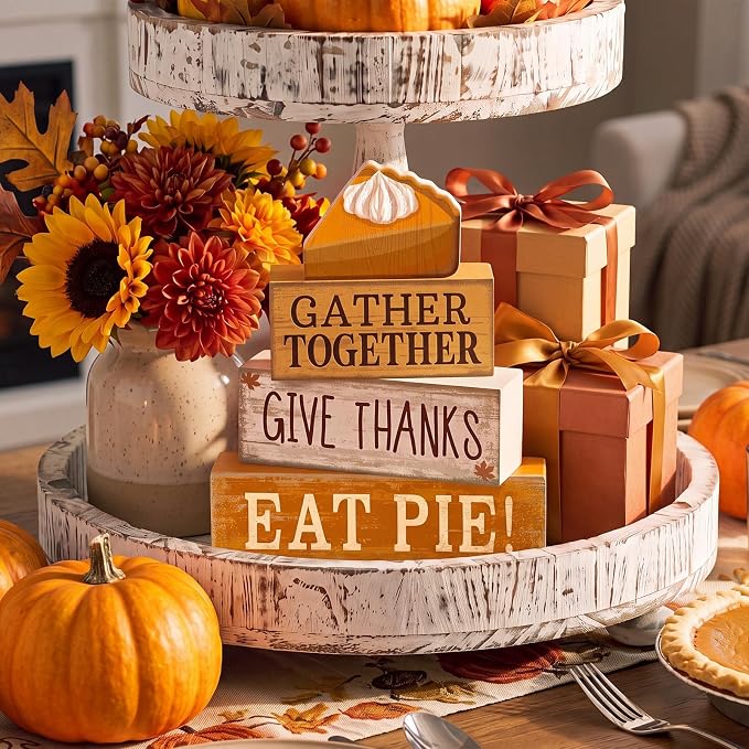 Moucuny 4 Pcs Fall Coffee Table Decor Fall Decoration for Home Wooden Stacked Block with Pie Topper Rustic Thanksgiving Tiered Tray Decor for Autumn Harvest Party Home Kitchen Coffee Bar - Image 6