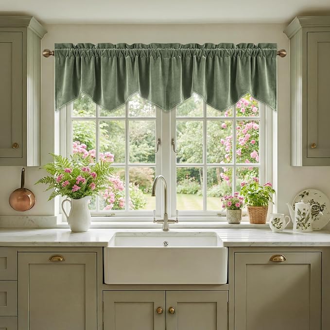 Sage Green Valance for Windows 52x18 Inch 1 Panel | 300GSM Super Soft Fabric, Wavy Sage Kitchen Valance, Aesthetic Window Treatment Decor for Bathroom, Farmhouse, Bedroom by StangH