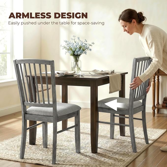 HOMCOM Farmhouse Dining Chairs Set of 2 Rubberwood Legs, Rustic Gray | Upholstered Linen Fabric, Kitchen Chairs, for Kitchen, Dining Room - Image 8