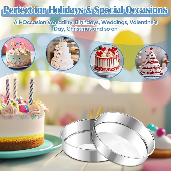 E-far 8 Inch Cake Pan Set of 2, Stainless Steel Round Baking Pans Tins Mold - Non-Toxic & Leak-Proof for Birthday Wedding Layer Tiered Cake, Easy Clean & Dishwasher Safe - Image 6