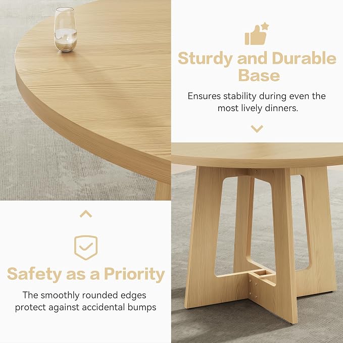 Round Dining Table for 4, Farmhouse Kitchen Table, Wooden Circle Table, 300lb Capacity & Easy Assembly for Home Dining Room Kitchen Living Room (Natural Oak) - Image 6