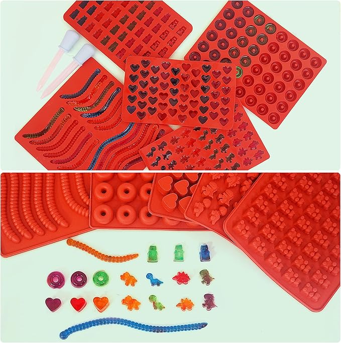 Gummy Bear Mold Silicone for Gummies Candy, 5Pcs Worm Gummy and Chocolate Molds Silicone for Kids Including Mini Bear, Dinosaur, Worm, Hearts and Mini Donut with 2 Droppers