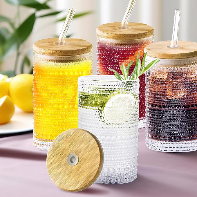 Hobnail Drinking Glasses with Bamboo Lids and Glass Straw 4Pcs Set - 14oz Vintage Glass Cups, Water Glasses, Iced Coffee Glasses, Cute Tumbler Cup, Ideal for Cocktail, Whiskey, Gift - Cleaning Brushes - Image 7