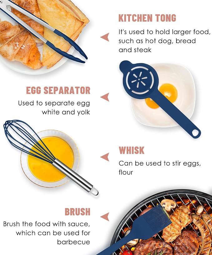 Blue Kitchen Utensils Set-12 Pieces Silicone Cooking Utensils Set | Dishwasher Safe 392°F Heat Resistant Spatula Set Kitchen Utensil Set for Nonstick Cookware,Best Kitchen Tools with Holder - Image 5