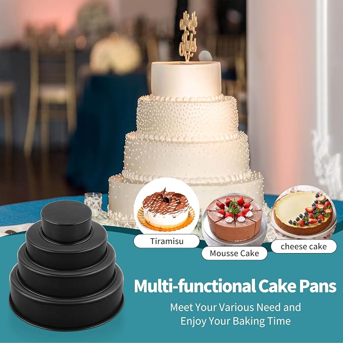 P&P CHEF 4/6/8/9.5 Inch Cake Pan Set, Non-stick Baking Pans for Cake, 4Pcs | Round Cake Baking Tins for Tier Smash Cakes, Bread, Non-Toxic & Solid, Stainless Steel Core & Leak-Proof, Black - Image 7