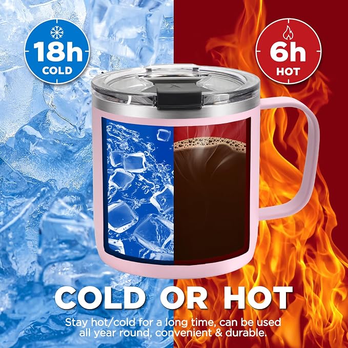 HAUSHOF 14 oz Coffee Mug, Insulated Coffee Mug with Handle, Travel Camping Cup, Portable Stainless Steel Coffee Cup, Insulated Coffee Cups with Lid, Pink - Image 5