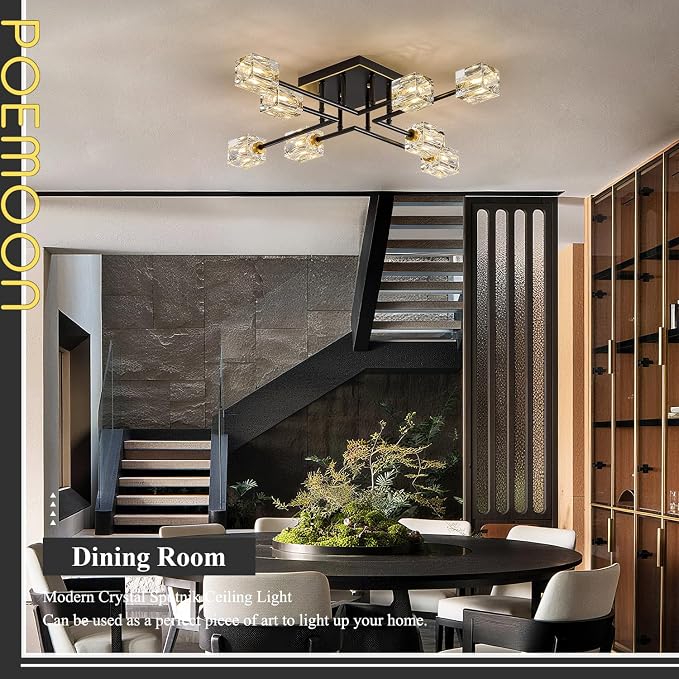 Modern Black Gold Sputnik Chandeliers 8-Light Crystal Semi Flush Mount Ceiling Light Industrial L 31.5" Chandelier Lighting for Living Room Dining Room Foyer Entryway Kitchen Bedroom - Image 6