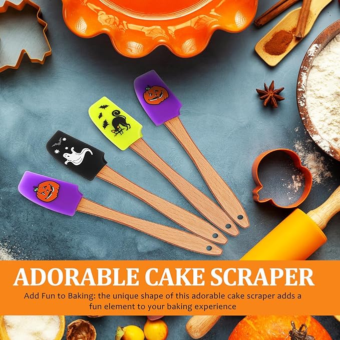 Silicone Cake Icing Spatula Set Wooden Handle Non-Stick Surface Halloween Baking Tools Kitchen Utensils for Home and Bakery (Ghost Pumpkin Spider Pattern)