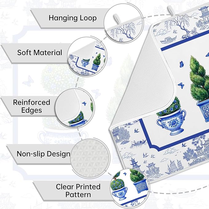 Chinese Blue White Dish Drying Mat for Kitchen Counter Coffee Bar 18x24 in | Chinese Aesthetic Non Slip Absorbent Kitchen Dishes Drainer Mat, with Anti-slip Rubber Backing & Hanging Loop, for Sink - Image 3