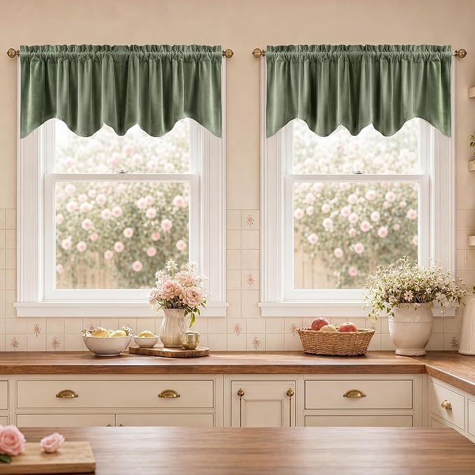 Velvet Window Valance 52x18 Inch 4-Panel Set | Soft Wavy Sage Green Kitchen Curtains for Windows, Luxury Fabric Aesthetic Window Treatment for Bay Window, Living Room by StangH