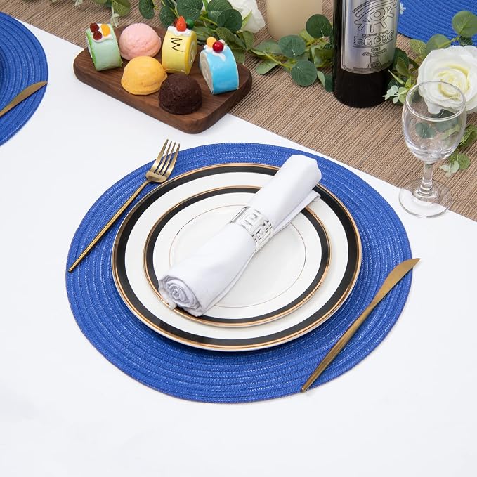 SHACOS Round Placemats Set of 6 Washable 15 inch Round Table Mats Cotton Polyester Woven Braided Place Mats for Dining Table (Blue, 6) - Image 5