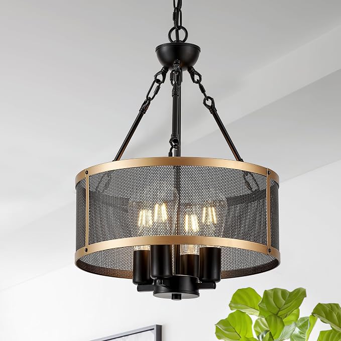 Modern 14" Small Black Gold Mesh Drum Chandelier for Dining Room Industrial Retro Semi Flush Mount 4-Light Round Ceiling Light Fixture for Kitchen Bedroom Living Room Hallway Entryway Foyer - Image 9