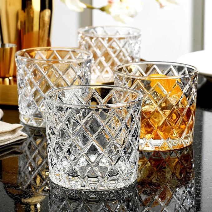 Drinking Glasses Set of 16 Premium Diamond Cut Textured Glassware 8 Highball Glasses 17 oz and 8 Whiskey Glasses 10 oz Elegant Drinking Glasses - Image 2