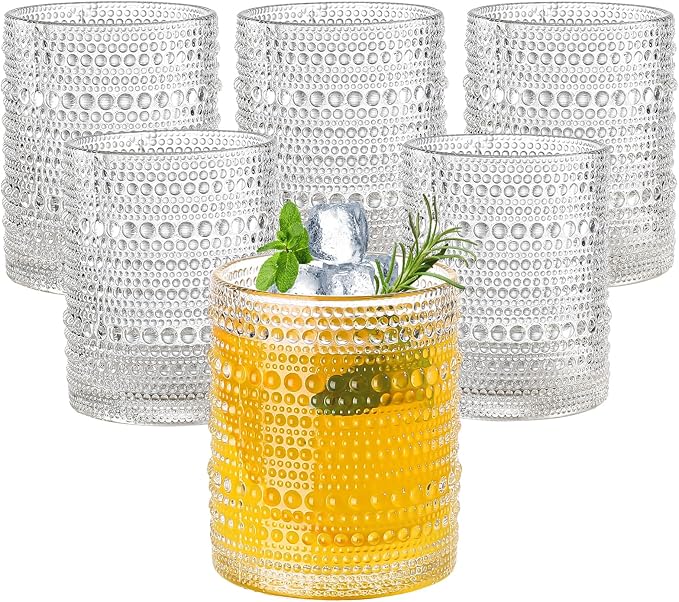 Amyoole Hobnail Drinking Glasses Set of 6,12oz Bar Tumbler Glassware | Clear, Vintage Glassware Embossed Water Tumbler, Cocktail Glass and Kitchen Glass Cups, For Beer, Whiskey, Juice, Milk by Amyoole