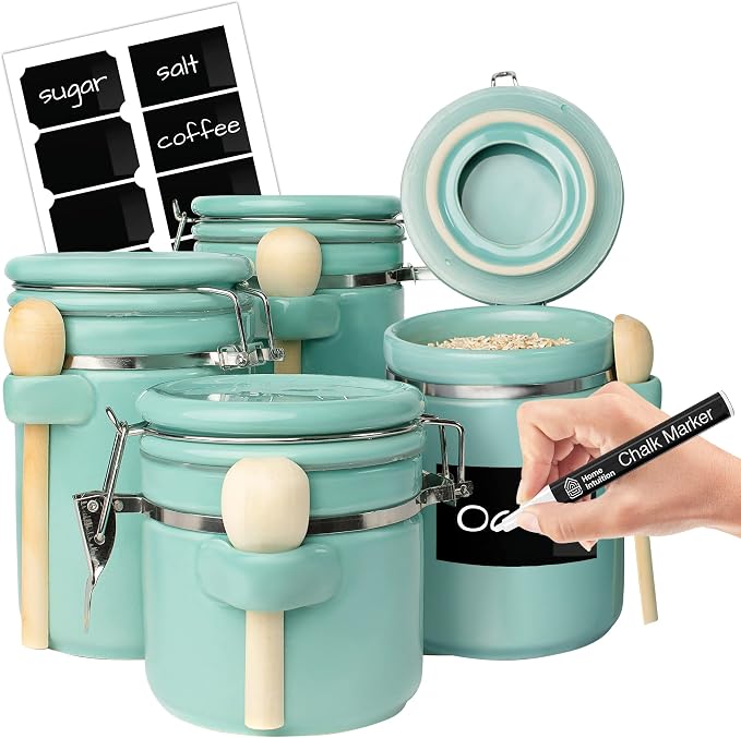 Home Intuition 4-Piece Ceramic Kitchen Canisters Set, Airtight Containers with Wooden Spoons Reusable Chalk Labels and Marker for Sugar, Coffee, Flour, Tea (Turquoise) by HomeIntuition