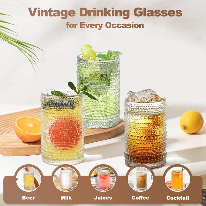 Hobnail Drinking Glasses Set of 12, 15 oz Large Capacity Highball Glasses with Straws Vintage Glasses Drinking Set, Embossed Beaded Glass Cups for Kitchen, Beer, Juice, Cocktail, Whiskey, Milk - Image 5