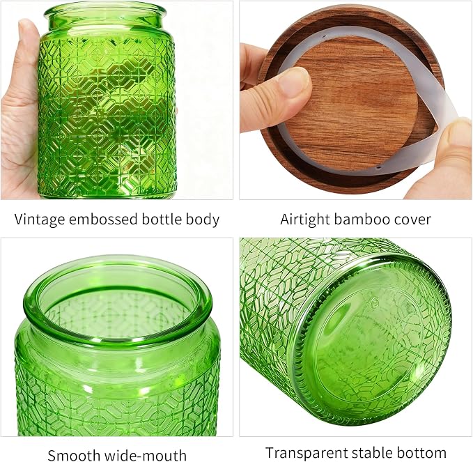 1Pc 24oz Window Style Vintage Glass Candy Jar with Solid Wood Lid, Kitchen Storage Canister for Sugar, Coffee, Tea, Cookies, Bath Salt - Decorative Mason Jar (1, Green, 24oz) - Image 3