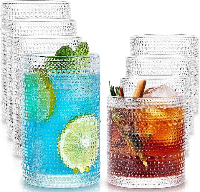Hobnail Drinking Glass Set of 8, 4 Highball Glasses 15oz,4 Rocks Glass 12oz | Mixed Drink Cocktail Glass, Vintage Embossed Glassware Sets for Whiskey,mocktails, Water & Juice Drinkware by Potdoctor