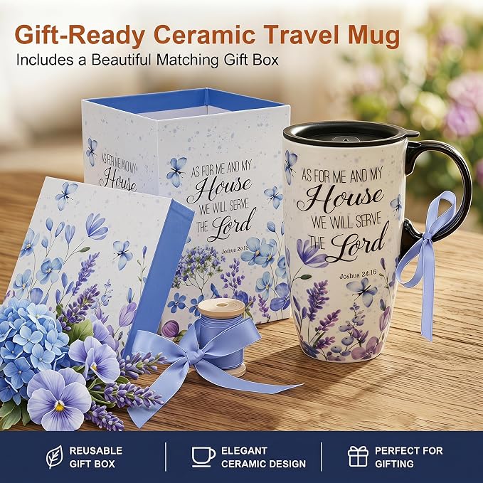 Topadorn 17oz Ceramic Travel Mug with Lid, Christian Floral Coffee Mug | Christian Coffee Mug with Handle, Joshua 24:15 Floral Design, Splash-Resistant Lid, Microwave & Dishwasher Safe, Gift Box - Image 6