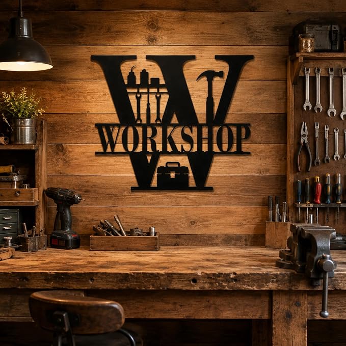 Workshop Metal Wall Decor, Garage and Tool Room Sign, 14 Inch | 14-inch matte black metal workshop sign with pre-drilled holes for garages, tool rooms, sheds, studios, and workspaces. - Image 2