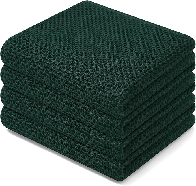 Homaxy 100% Cotton Waffle Weave Kitchen Dish Towels 4-Pack, Blackish Green | 13 x 28 Inches, Ultra Soft Absorbent Dish Towels, Quick Drying Cleaning Towels by Homaxy