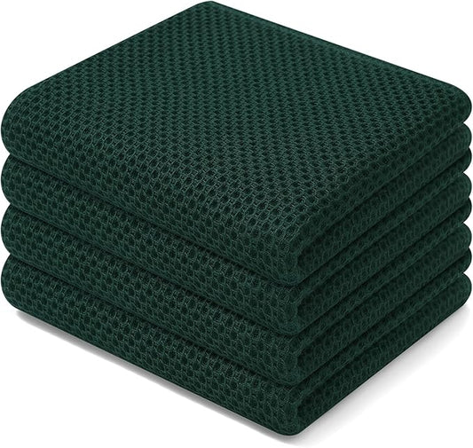 Homaxy 100% Cotton Waffle Weave Kitchen Dish Towels 4-Pack, Blackish Green | 13 x 28 Inches, Ultra Soft Absorbent Dish Towels, Quick Drying Cleaning Towels by Homaxy