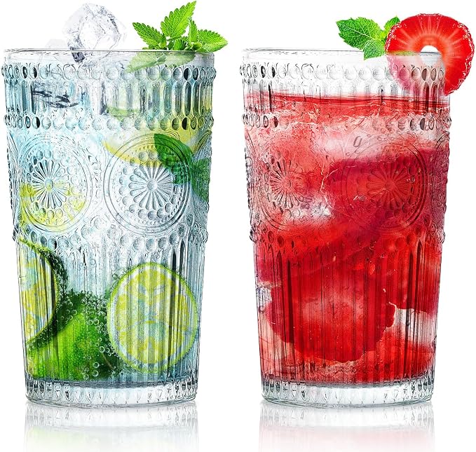 Loivttvv 6pcs Vintage Drinking Glasses Set, 12 oz Clear Highball Glasses, Embossed Ribbed Glassware Cups for Cocktail, Water, Juice, Coffee, Whiskey by Loivttvv