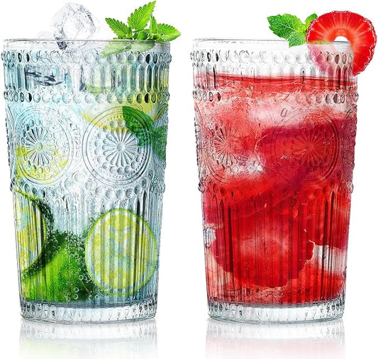 Loivttvv 6pcs Vintage Drinking Glasses Set, 12 oz Clear Highball Glasses, Embossed Ribbed Glassware Cups for Cocktail, Water, Juice, Coffee, Whiskey by Loivttvv