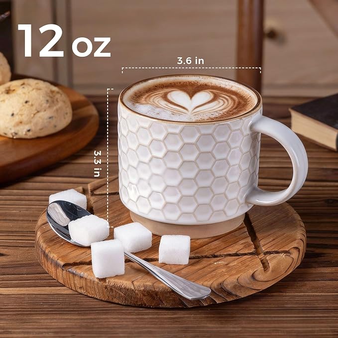 GBHOME 12OZ Stackable Coffee Mugs, Ceramic Coffee Mugs with Texture Patterns for Man,Woman,Dad,Mom, Modern Coffee Mugs Set of 4 for Latte/Cappuccino/Cocoa. Dishwasher&Microwave Safe, Off White | 4 Assorted Designs, Embossed Mugs with Texture Patterns f... - Image 3
