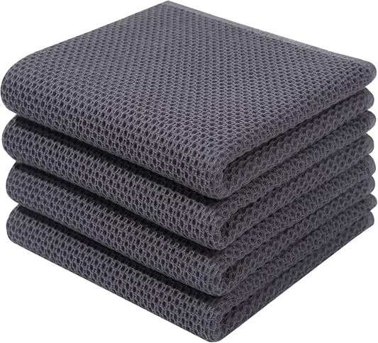 Homaxy 100% Cotton Waffle Weave Kitchen Dish Towels 4-Pack, Dark Grey | 13 x 28 Inches, Ultra Soft Absorbent Dish Towels, Quick Drying Cleaning Towels by Homaxy