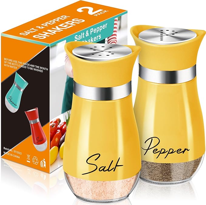 Salt and Pepper Shakers - 4 oz Yellow Glass Set with Stainless Steel Lids | Refillable Glass Shakers with Stainless Steel Lids for Cooking, Dining, RV Trips, Camping and BBQs; 4 oz Capacity Each. by ARROZON