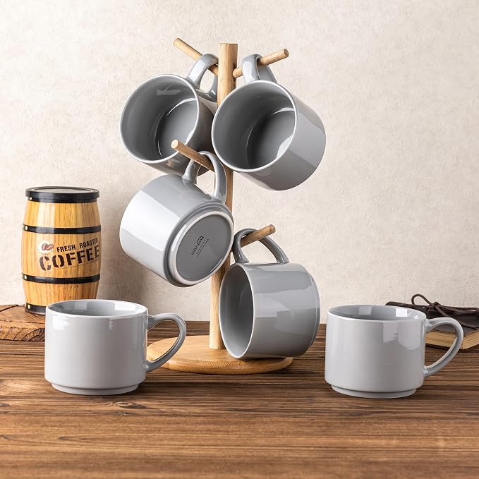 GBhome 14 OZ Coffee Mugs Set of 6, Stackable Ceramic Mugs for Men, Women, Modern Coffee Mugs for Latte,Cappuccino,Hot Cocoa. Dishwasher & Microwave Safe, Gray - Image 7