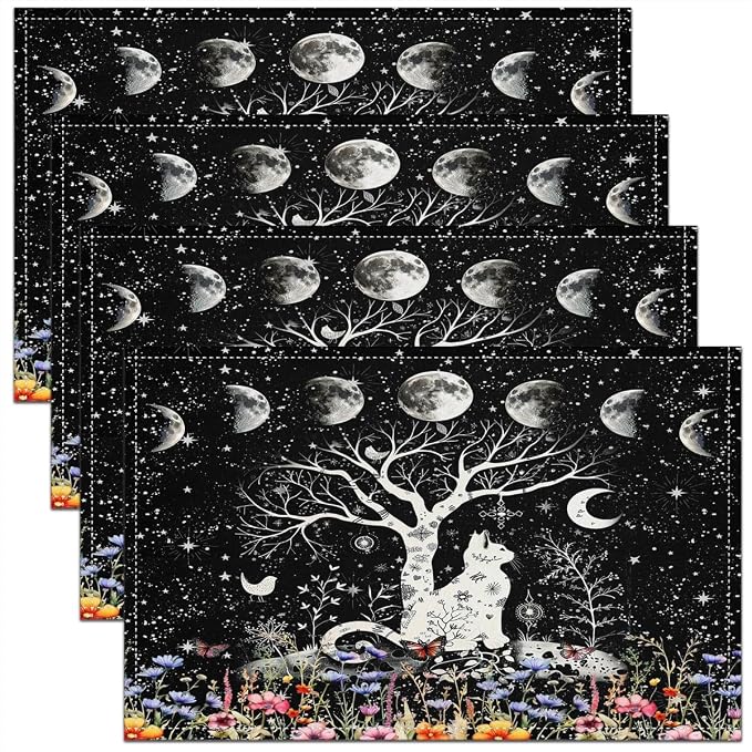 Feelyou Sun Moon Table Place Mats, Set Boho Exotic Cat Placemats Set of 4 Bohemian Floral Placemat for Kitchen Dining Table Decor Indoor Outdoor for Women Men Galaxy Animals 18"x12" by Feelyou