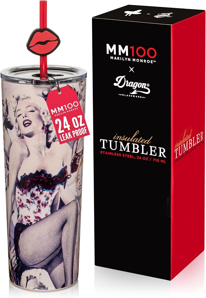 Dragon Glassware x Marilyn Monroe 100th Celebration Tumbler, 24oz - Glamour | Vacuum Insulated Stainless Steel Tumbler with Straw & Lid; Double Walled Tumbler with Straw Charm; Marilyn Monroe Cup by DragonGlassware