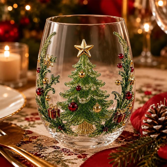 Christmas Wine Glasses, 12oz Stemless Holiday Glassware with Festive Style (Christmas Tree (A)) by Lifmagic