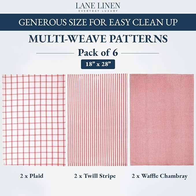 LANE LINEN 100% Cotton Kitchen Towels Set, 6-Pack – Premium, Absorbent, Quick-Drying Dish Towels, Tea Towels, 18" x 28" - Red - Image 2