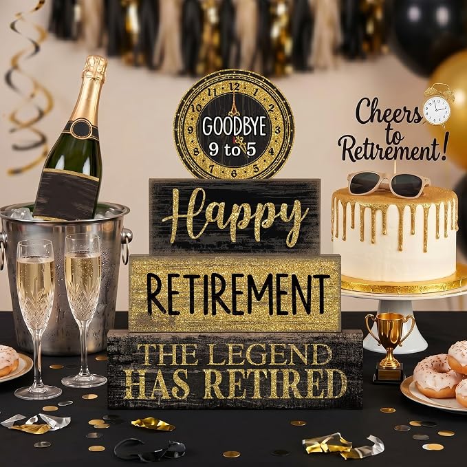 Moucuny 4 Pcs Retirement Party Decorations Happy Retirement Table Decor Black and Gold Goodbye Centerpieces for Tables Decorative Clock Block Signs Gift for Retired Party Supplies Men and Women - Image 2
