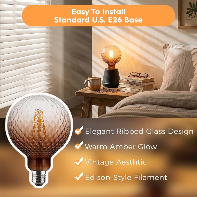 G125 Edison LED Bulb,4W Dim E26,2200K Gradient Brown Diamond Glass | Large Globe Light Bulbs,Squirrel Cage Filament, Cozy Warm Tone, Decorate Bars, Restaurants, Kitchens & All Indoor Occasions - Image 5