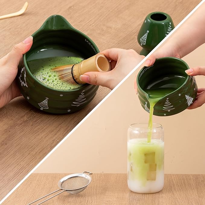 5pcs Premium Matcha Set,Ceramic Bowl with Spout and Bamboo Whisk set, Ceremonical Matcha Kit for holiday,Tea Starter Making Kit,Christmas Matcha Gift set (Christmas Tree)