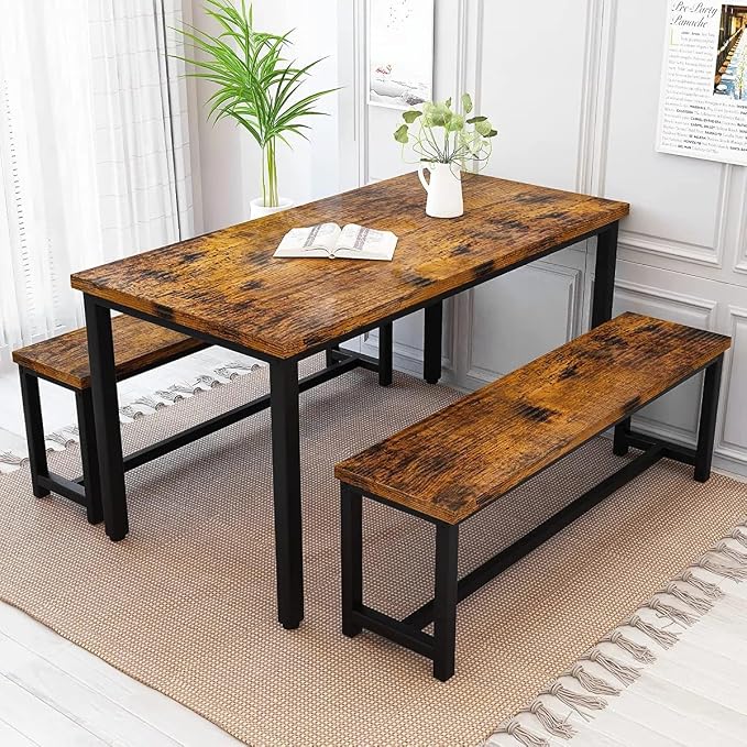 Recaceik Dining Table Set for 4 Kitchen Dining Room Set with 2 Dinner Benches, Farmhouse Breakfast Table for Apartment Small Space, Easy Assembly - Image 2