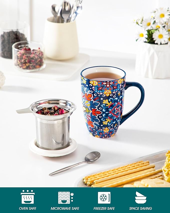 vancasso Ceramic Tea Mug with Infuser and Lid, 18 Ounce Bohemian Loose Leaf Cup, Microwave & Dishwasher Safe, Perfect for Tea, Coffee, Royal-Crimson Flourish - Image 4