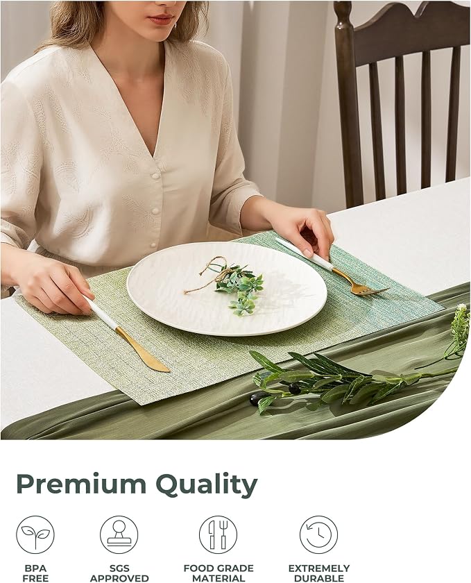 Leetaltree Gradient Green Woven Placemats Set of 6 - Heat Resistant Non-Slip Place mats for Dining Table, Washable Durable PVC Vinyl Woven Table Mats(Gradient Green, 6) - Image 6