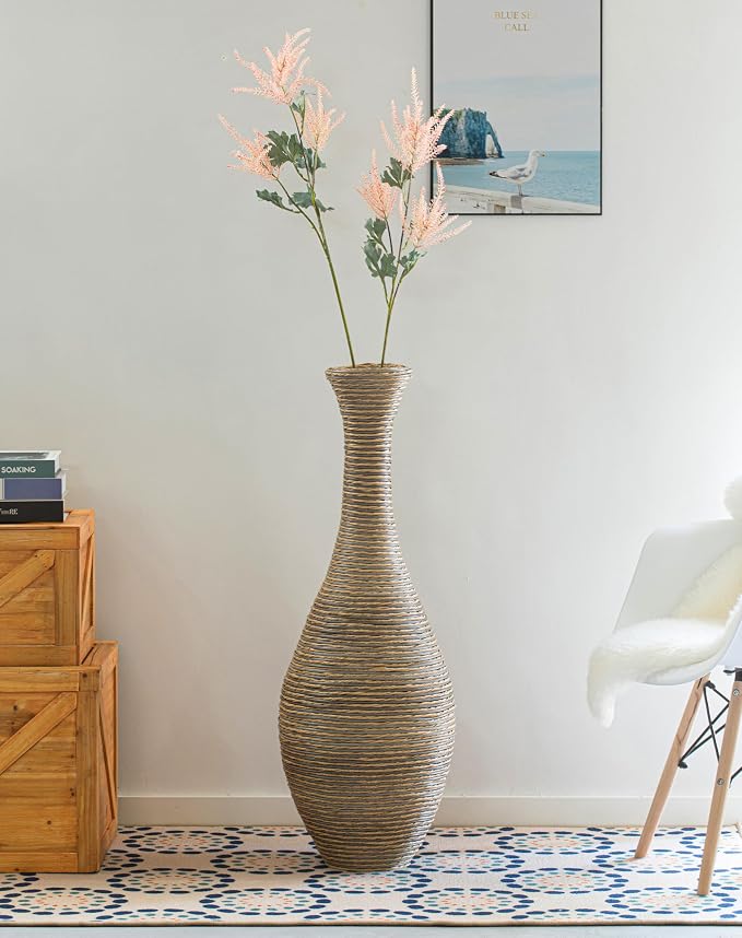 Set of 2 38-inch Tall Artificial Rattan Floor Vase in Elegant Beige - Statement Piece for Living Room Decor, Entryway, or Hallway - Versatile Home Accen - Image 3