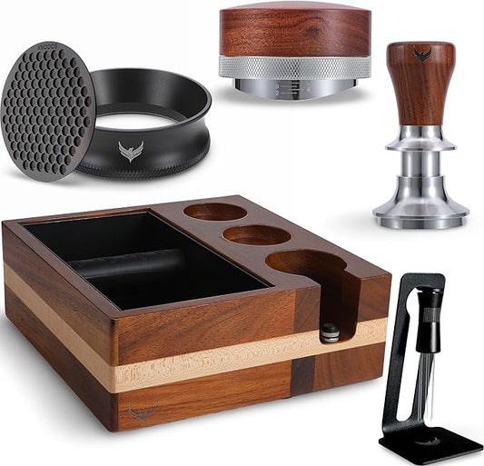 Espresso Tamper Kit 51mm Advanced Barista Accessories Set with Tamper, Distributor, Funnel, Knock Box, Puck Screen and WDT Tool for Precision Coffee Making